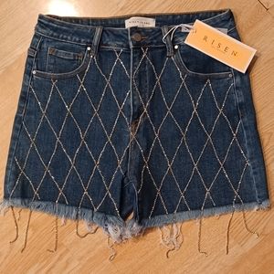 NWT Risen Jeans Blue Denim Shorts w/ criss cross rhinestone fringe details XL